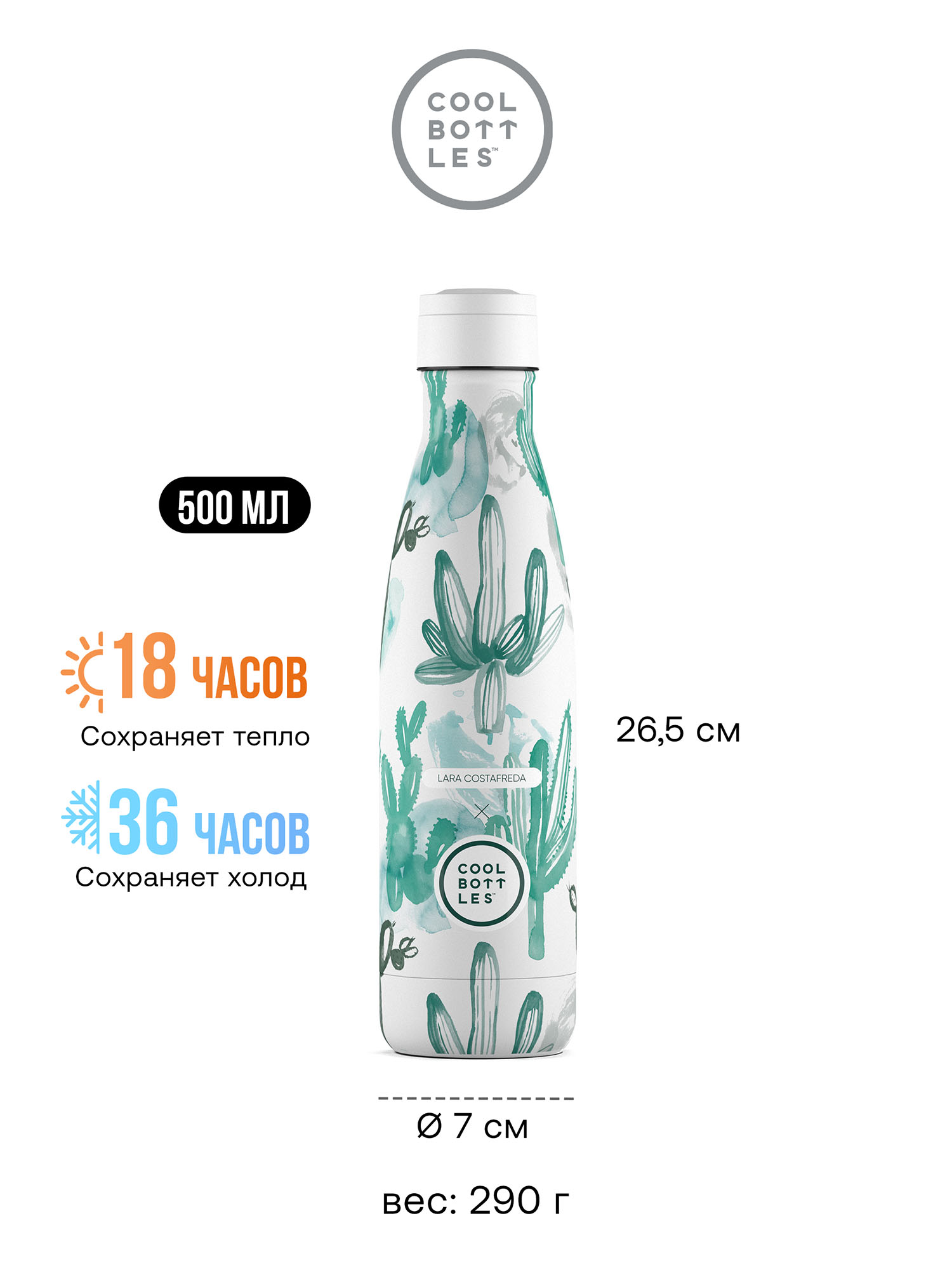 Термос-термобутылка Cool Bottles Lara Costrafreda Watercolor Cactus 500 мл